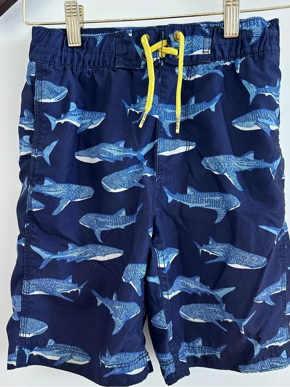 GAP Navy Shark Print Swim Shorts with Yellow Drawstring